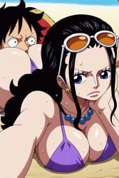 ai_generated beach big_ass big_breasts bikini black_hair curvy curvy_figure face_on_ass fat_ass female male male/female monkey_d_luffy nico_robin one_piece