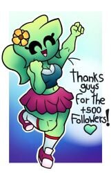 2d 2d_(artwork) 2d_artwork breasts cheerful cheering cheerleader cheerleader_outfit cheerleader_uniform cleavage closed_eyes crop_top english_text flower flower_in_hair follower_celebration green_body green_hair green_skin hair_accessory hair_ornament hands_up happy happy_female jumping simple_background skirt smile smiling vhrox2 vhroxy_(character)
