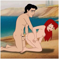 1boy 1girls all_fours anal ariel beach bent_over black_hair canon_couple cartoongirls completely_nude completely_nude_female completely_nude_male disney doggy_style female husband_and_wife interspecies male naked nude nude_female nude_male penis prince_eric red_hair royalty testicles the_little_mermaid