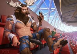 abs anthro antlers balls big_balls big_penis black_penis bottomwear brown_body brown_fur clothing cloven_hooves deer diffuse_moose erection facial_hair fur genitals hi_res hooves horn human_to_anthro humanoid_genitalia humanoid_penis husdingo male male_focus male_only mammal moose moustache muscular muscular_anthro muscular_male neck_tuft new_world_deer pants pecs penis public public_exposure shirt solo_focus species_transformation stadium topwear torn_bottomwear torn_clothing torn_pants torn_shirt torn_topwear transformation tuft werecreature weredeer weremoose werenew_world_deer