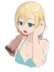 1girls attack_on_titan bare_shoulders blonde_hair blue_bra blue_eyes blush bra breasts buta_otoko christa_lenz cleavage collarbone dark-skinned_male dark_skin duo fellatio female half-closed_eyes hand_in_hair handjob historia_reiss long_hair male open_mouth oral penis pubic_hair sex shingeki_no_kyojin simple_background solo_focus straight uncensored underwear upper_body veins veiny_penis white_background