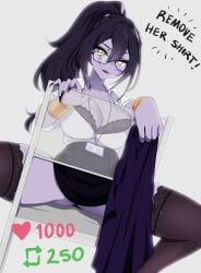 1girls alfyria black_bra black_hair black_nails bra breasts chair english_text female female_only glasses huge_breasts indie_virtual_youtuber like_and_retweet like_icon name_tag purple-skinned_female purple_skin retweet_icon sitting sitting_on_chair skirt snake_girl solo strip_game text vexoria_the_sun_eater virtual_youtuber yellow_eyes