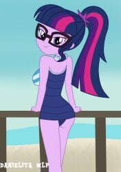 artist_name beach danielitamlp_(artist) equestria_girls female female_only glasses hasbro looking_back my_little_pony ponytail sci-twi smile solo solo_female swimsuit twilight_sparkle_(mlp)