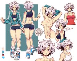 anklehighs aricia ass back bare_shoulders bike_shorts blue_eyes blush breasts character_sheet clenched_hand collarbone commentary dotted_background female footwear freckles gym_shorts hexagram hightop_sneakers human jacket lavender_hair long_sleeves looking_to_the_side loose_socks messy_hair model_sheet navel nipples nude one_leg_raised original outerwear pale_skin parted_lips poch4n pubic_hair pubic_tattoo scar shirt_pull shoes short_hair short_shorts shorts sneakers socks sports_bra sportswear star_of_david sweatdrop tank_top tattoo track_jacket white_background white_socks