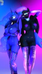 2017 3d anthro armwear balls boots breasts clothing duo equine female footwear friendship_is_magic gbrushandpaint gloves grumpy hi_res horse legwear male mammal my_little_pony nightmare_moon_(mlp) nipples princess_luna_(mlp) rubber smile source_filmmaker wide_hips wings