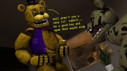 2boys animatronic azzy_azphyr_(artist) bear dialogue english_text erection five_nights_at_freddy's five_nights_at_freddy's_3 fnaf fredbear_(fnaf) gay green_body jerkingoff living_machine looking_at_another male male/male male_only open_mouth penis rabbit robot scottgames springtrap text undead yellow_body