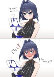 1girls 2d 2koma bikini bikini_removed blue_bikini blue_eyes blue_hair blush comic d: dotonburi embarrassed flustered girls_reacting_to_bikini_(meme) holding_clothes_hanger hololive hololive_english looking_at_object looking_at_viewer meme ouro_kronii ouro_kronii_(1st_costume)