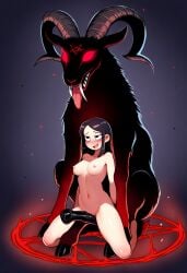 ai_generated cookie-girl demon demon_horns demonic equine_penis fangs feral_on_female feral_on_human feral_penetrating_human glowing_eyes goat_horns magic_circle red_eyes ritual_sex summoning summoning_circle zoophilia