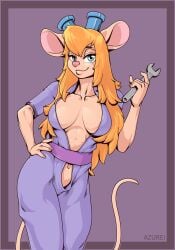 2019 5_fingers anthro areola areola_slip artist_name athletic athletic_anthro athletic_female azurei big_breasts biped blonde_hair blue_eyes border breasts chip_'n_dale_rescue_rangers cleavage clothed clothing collarbone coveralls disney eyebrows eyelashes eyewear eyewear_on_head female fingers gadget_hackwrench goggles goggles_on_head half-closed_eyes hand_on_hip hi_res holding_object holding_tool holding_wrench jumpsuit long_hair looking_at_viewer mammal mouse murid murine narrowed_eyes navel outside_border pink_nose portrait purple_coveralls rodent smile smiling_at_viewer solo standing tail thin_tail three-quarter_portrait tools wrench