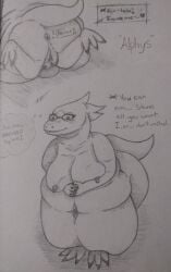 absurd_res alphys anthro ass belly_overhang belly_touching_floor big_breasts big_butt breasts fart farting_at_viewer female genitals gizacloud hi_res lips lying monster navel on_front overweight overweight_female presenting presenting_hindquarters pussy scalie solo solo_focus tail thick_lips traditional_media_(artwork) undertale_(series)