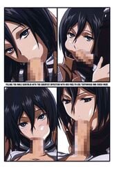 attack_on_titan black_hair censored cheek_bulge doujin doujinshi expressionless faceless_male fellatio grey_eyes highres jean_kirstein lost_rarities mikasa_ackerman oral penis penis_rub scarf short_hair takapiko