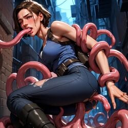 ai_generated anal ass backpack bag bare_shoulders blush boots breasts brown_eyes brown_hair denim double_penetration fellatio female jill_valentine jill_valentine_(sasha_zotova) one_eye_closed open_mouth oral outdoors pants pussy rape resident_evil_3_remake restrained short_hair slime_\(substance\) solo tentacle tentacle_sex torn_clothes torn_pants triple_penetration vaginal_penetration