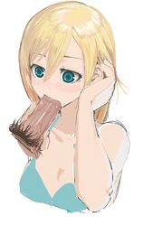 1girls attack_on_titan bare_shoulders blonde_hair blue_bra blue_eyes blush bra breasts buta_otoko christa_lenz cleavage collarbone dark-skinned_male dark_skin duo fellatio female half-closed_eyes hand_in_hair handjob historia_reiss long_hair male open_mouth oral penis pubic_hair saliva sex shingeki_no_kyojin simple_background solo_focus straight sucking uncensored underwear upper_body veins veiny_penis white_background