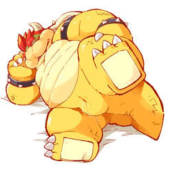 1boy animal_genitalia bed bed_sheet bowser cloaca full_body garouzuki genital_slit lying male male_only mario_(series) nintendo on_bed on_side simple_background slit slitfluid solo tail video_games white_background