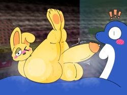 !_switch ambiguous_gender anthro ass balls blush dorrie duo exclamation_point feral genitals hazy_maze_cave lagomorph leporid male male/ambiguous mammal mips nude one_ear_up one_eye_closed open_mouth penis ponderz rabbit sea_monster