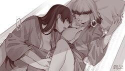 2girls bed blunt_bangs blush breasts cleavage collarbone commentary_request dated earrings fingering highres inago_akira japanese_clothes jewelry jouhou kimono large_breasts licking licking_nipple long_hair long_sleeves looking_at_another lying monochrome motion_lines multicolored_hair multiple_girls nipple_stimulation nipples on_back one_eye_closed open_clothes open_kimono parted_lips pillow pussy_juice satsuki_yomi shade streaked_hair sweat toji_no_miko tongue tongue_out twitter_username yuri