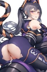 1girls ass ass_focus big_ass biker_girl blush bodysuit cat_ears cat_tail cum cum_in_pussy cum_inside duel_monster female gray_hair i:p_masquerena looking_at_viewer looking_back mechanical_tail motorcycle snm_(sunimi) solo tail torn_clothes torn_pants twintails vagina yu-gi-oh!