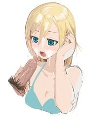 1girls attack_on_titan bare_shoulders blonde_hair blue_bra blue_eyes blush bra breasts buta_otoko christa_lenz cleavage collarbone cum cum_on_hair dark-skinned_male dark_skin duo facial fellatio female half-closed_eyes hand_in_hair handjob historia_reiss long_hair male open_mouth oral penis pubic_hair saliva saliva_trail sex shingeki_no_kyojin simple_background solo_focus straight uncensored underwear upper_body veins veiny_penis white_background