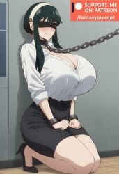 ai_generated anime black_hair black_skirt blindfold breasts_bigger_than_head chained chains cleavage fantasyprompt female female female_only gigantic_breasts heels huge_breasts kneeling long_hair narrow_waist office_lady scared skirt slave slim_waist spy_x_family thick_thighs tight_clothing tight_fit white_shirt wide_hips yor_briar yor_forger