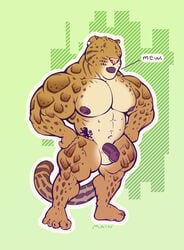 2014 abs anthro areola balls benji_(character) chibi closed_eyes clouded_leopard ear_piercing feline hyper hyper_muscles mainlion male male_only mammal markings muscular muscular_male nipples nude open_mouth pecs penis piercing simple_background solo tattoo text thick_thighs