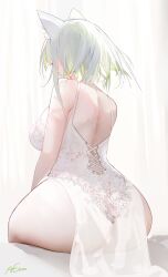 agm blush embarrassed facing_away huge_ass kal'tsit_(arknights) see-through see-through_dress sitting_on_bed