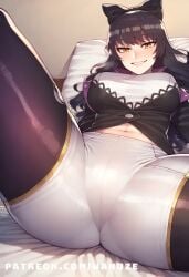 ai_generated big_ass big_breasts big_butt big_thighs black_hair blake_belladonna blush bow huge_ass huge_butt huge_thighs long_sleeves lying medium_breasts pantyhose rwby spread_legs wanuze white_shorts wide_hips yellow_eyes