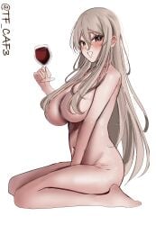 1girls absurdres alcohol bare_shoulders barefoot blush breasts brown_eyes covered_nipples cup drinking_glass female female_only grey_hair highres holding holding_cup kantai_collection large_breasts long_hair looking_at_viewer navel nude one-hour_drawing_challenge open_mouth pola_(kantai_collection) simple_background sitting smile solo solo_female tf_cafe twitter_username very_long_hair wavy_hair white_background wine wine_glass