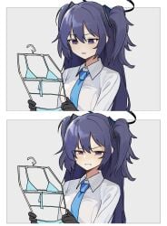 1girls 2d 2koma bikini bikini_removed blue_archive blush comic dio_nand disgust girls_reacting_to_bikini_(meme) holding_clothes_hanger meme purple_eyes very_long_hair yuuka_(blue_archive)