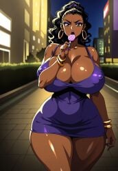 1girls ai_generated black_hair brown_eyes city civitai cleavage dark-skinned_female didi_(crizzyeyes) dress eyeshadow female hoop_earrings huge_breasts jewelry licking licking_lollipop lipstick lollipop long_hair night outdoors purple_clothing purple_eyeshadow purple_lipstick short_dress solo walking walking_towards_viewer wide_hips