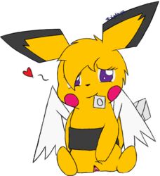 bandage condom folded_wings heart lily_the_angelchu looking_at_viewer mammal mouse nintendo pichu pokemon presenting purple_eyes pussy rodent sitting spreading te-lightning video_games waistband wings