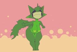 2025 3:2 absurd_res anthro ass belly big_butt breasts canid canine drunk ear_piercing female fox green_body grin hi_res kay8 mammal nipples piercing puffy_nipples short_stack smile solo spiral_eyes substance_intoxication wide_hips