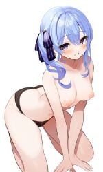 ai_generated black_panties blue_eyes blue_hair cute hololive hoshimachi_suisei kneeling medium_breasts pixai self_upload topless virtual_youtuber