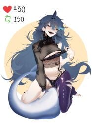 1girls belly_button black_nails blue_hair breasts female female_only huge_breasts indie_virtual_youtuber light-skinned_female light_skin like_and_retweet like_icon mako_sameshima open_mouth panties red_eyes retweet_icon rings shark_girl shark_tail sharp_teeth solo tail tattoos tiredcatmom tongue tongue_out undressing virtual_youtuber