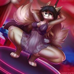 2017 4_toes anthro armpits black_hair black_nose breasts canine clitoris clothed clothing detailed_background female fox green_eyes hair mammal nipples pole pussy see-through smile solo spread_legs spreading toes tril-mizzrim uncensored