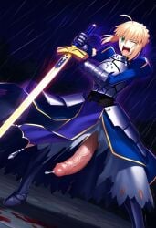 ai_generated armor artoria_pendragon big_penis blonde_hair blood easyhorny_ai fate/grand_order fate/stay_night fate_(series) futanari green_eyes night one_eye_closed open_mouth penis penis_under_clothes penis_under_dress precum raining sword torn_clothes torned_clothes veiny_penis