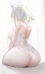 agm arknights blush embarrassed facing_away huge_ass kal'tsit_(arknights) lace_trim leotard pantyhose sitting_on_bed white_pantyhose