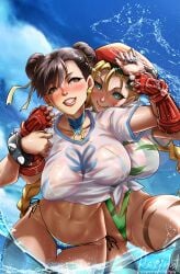 2girls abs bare_arms bare_legs bare_shoulders bare_thighs big_breasts bikini bikini_bottom bikini_top blonde_hair blue_eyes blush brown_eyes brown_hair cammy_white capcom chun-li clothed clothing color female female_focus female_only fit_female foxyart hat hi_res large_breasts light-skinned_female light_skin looking_at_viewer muscles muscular muscular_female shirt short_hair solo_female street_fighter tagme thick_thighs water wet_shirt