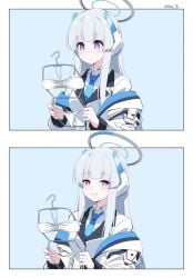 1girls 2d 2koma bikini bikini_removed blue_archive comic girls_reacting_to_bikini_(meme) holding_clothes_hanger looking_at_object looking_at_viewer meme noa_(blue_archive) purple_eyes reia_76 smile white_hair