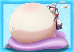 1girls areolae belly belly_bigger_than_body bloated_belly breasts breasts_bigger_than_head breasts_on_belly bridal_gauntlets clothed clothing english_text female female_focus gigantic_belly huge_breasts hyper hyper_belly hyper_pregnancy lamia long_hair monster_musume_no_oisha-san nipples pink_eyes pregnant pregnant_female purple_hair purple_scales ready_to_pop round_belly saphentite_neikes simple_background snake_girl speech_bubble text timaeus