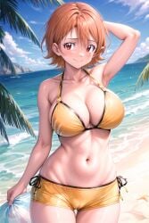 1girl ai-created ai_generated arm_behind_head arm_up armpits ass_visible_through_thighs bare_arms bare_shoulders beach bikini bikini_shorts blue_sky blush breasts brown_hair cameltoe cleavage closed_mouth cloud collarbone cowboy_shot day digimon digimon_adventure digimon_adventure_tri. female hair_between_eyes halterneck holding holding_towel large_breasts looking_at_viewer mole mole_on_breast navel ocean orange_hair outdoors palm_tree pixiv red_eyes rena_aikawa_(pixiv_user) sand shore short_hair short_shorts shorts side-tie_bikini_bottom skindentation sky smile solo stable_diffusion standing starfish stomach string_bikini swimsuit tagme takenouchi_sora thigh_gap thighs tree water wet yellow_bikini yellow_shorts