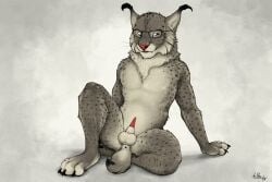 2018 anatomically_correct anatomically_correct_genitalia anchee animal_genitalia animal_penis anthro anus balls biped cheek_tuft chest_tuft claws digital_drawing_(artwork) digital_media_(artwork) digitigrade erection eyewear facial_tuft fangs felid feline feline_genitalia feline_penis full-length_portrait fur genitals glasses grey_body grey_fur hi_res leaning leaning_backward lynx male mammal markings nude paws penis portrait pose scut_tail sheath short_tail signature simple_background sitting small_penis smile snaggle_tooth solo spots spotted_body spotted_fur spread_legs spreading synx_(synxthelynx) tail tail_anus teeth tuft