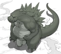 2025 absurd_res anthro balls barazoku belly belly_grab belly_overhang belly_squish biceps big_balls big_belly big_muscles big_penis bird's-eye_view claws clenched_teeth deltoids flaccid foreskin genitals glans godzilla godzilla_(series) greyscale hand_on_belly hi_res high-angle_view huge_balls huge_belly huge_cock huge_muscles humanoid_genitalia humanoid_penis kaiju macro male monochrome monster musclegut muscular muscular_anthro muscular_male narrowed_eyes non-mammal_balls nude outside overweight overweight_anthro overweight_male pecs penis reptile scales scalie shadow simple_background solo squish standing teeth thick_arms thick_penis thick_thighs toho vexedlupine white_background