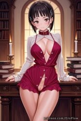 1girls 2025 ai_generated arm_support bangs black_hair blush book book_stack bookshelf breasts brown_eyes candle cleavage cleft_of_venus closed_mouth clothing collar desk dress eroflow female female_only hair_ornament hi_res highres indoors kirigaya_suguha large_breasts legs long_sleeves looking_at_viewer navel open_clothes patreon pussy pussy_peek shirt short_hair solo sword_art_online sword_art_online_alicization table thigh_gap thighs unbuttoned uncensored voluptuous voluptuous_female white_shirt window