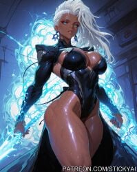 1girls ai_generated black_female blue_eyes dark_skin explosion marvel marvel_rivals storm_(x-men) superheroine white_hair white_hair_female