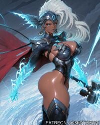 1girls action_pose ai_generated black_female blue_eyes cloud cosplay dark_skin lightning marvel marvel_rivals storm storm_(x-men) superheroine white_hair white_hair_female