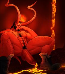 balls bara beard big_penis boner demon erection facial_hair hellboy hellboy_(series) horns male male_only milkywaybara muscles muscular nude penis red_body red_skin solo solo_male unusual_cum