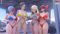 3d 4girls big_breasts big_thighs bikini breasts busty cynthia_(pokemon) female female_only glasses huge_breasts huge_thighs large_breasts large_thighs mature_female may_(pokemon) milf misterorzo mother_(pokemon_sv) navel nintendo penny_(pokemon) pokemon swimsuit thick_thighs thighs voluptuous