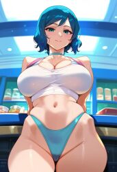 2d ai_generated big_breasts blue_hair crop_top female female_focus female_only gundam gundam_build_fighters indoors iori_rinko navel panties solo solo_female solo_focus tagme