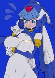 absurdres android armor blue_armor blue_eyes blue_helmet blue_sleeves blue_vest blush boots breasts buzzlyears closed_mouth clothes_lift commentary covered_collarbone covered_navel crop_top cum cum_on_body cum_on_breasts detached_sleeves facial fairy_leviathan_(mega_man) female forehead_jewel helmet highres large_breasts looking_at_viewer mega_man_(series) mega_man_zero_(series) paid_reward_available shirt_lift solo sweat tears thigh_boots vest