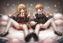 2girls aldnoah.zero black_bow black_shirt blonde_hair blush bow braid clitoris clothing disembodied_penis drooling eddelrittuo emperpep eyebrows eyebrows_visible_through_hair hair_between_eyes hairbow handjob heart_hands heart_hands_duo heavy_breathing long_hair long_sleeves mashiro_rima multiple_girls multiple_penises necktie pantyhose penis pillow pussy pussy_juice saliva school_uniform shirt shoes shugo_chara shugo_chara! sitting skirt spread_legs star teeth torn_pantyhose uncensored white_legwear white_pantyhose